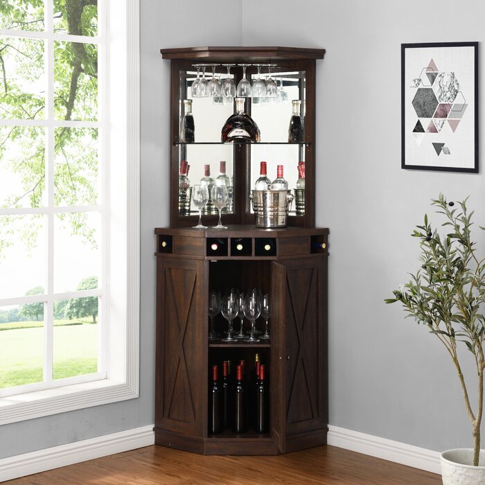 Home Source Mahogany Corner Bar Unit With Built In Wine Rack And Lower Cabinet 